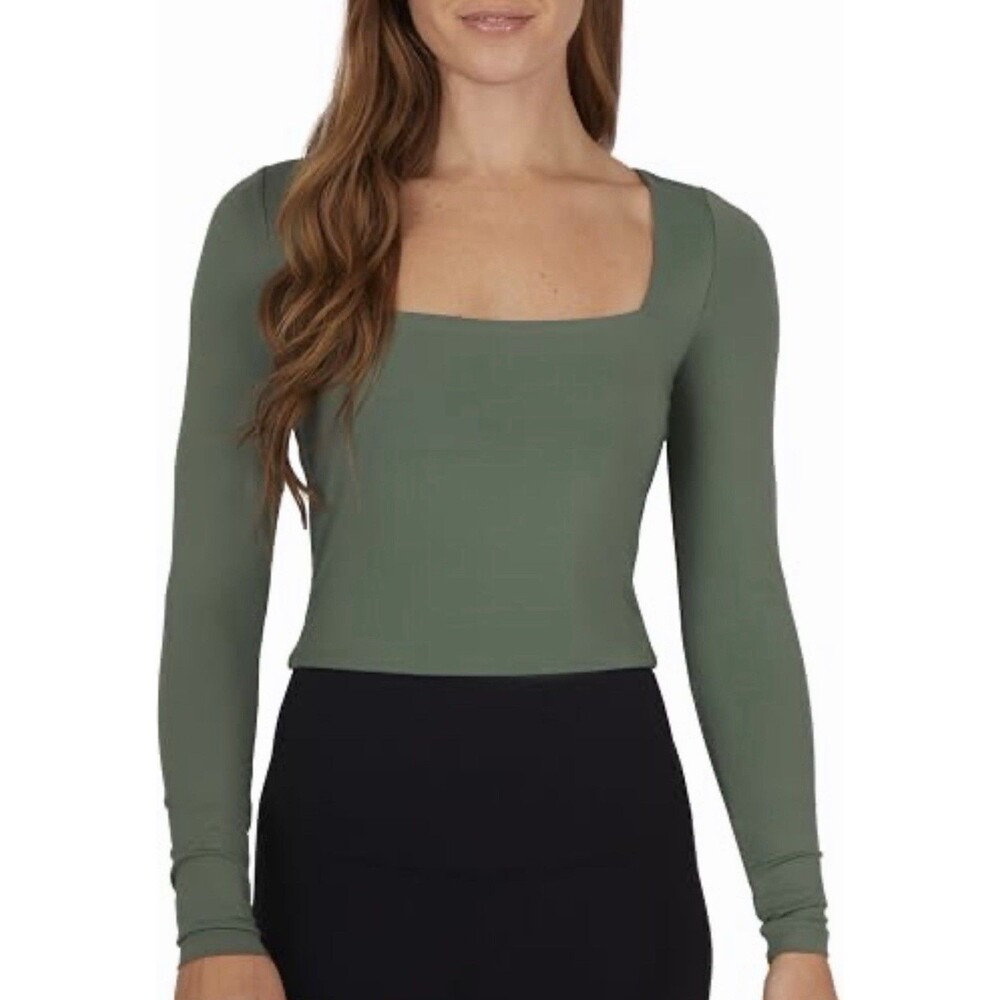 NWT 90 Degree By Reflex Women's Square Neck Long Sleeve Top Olive Green Size M